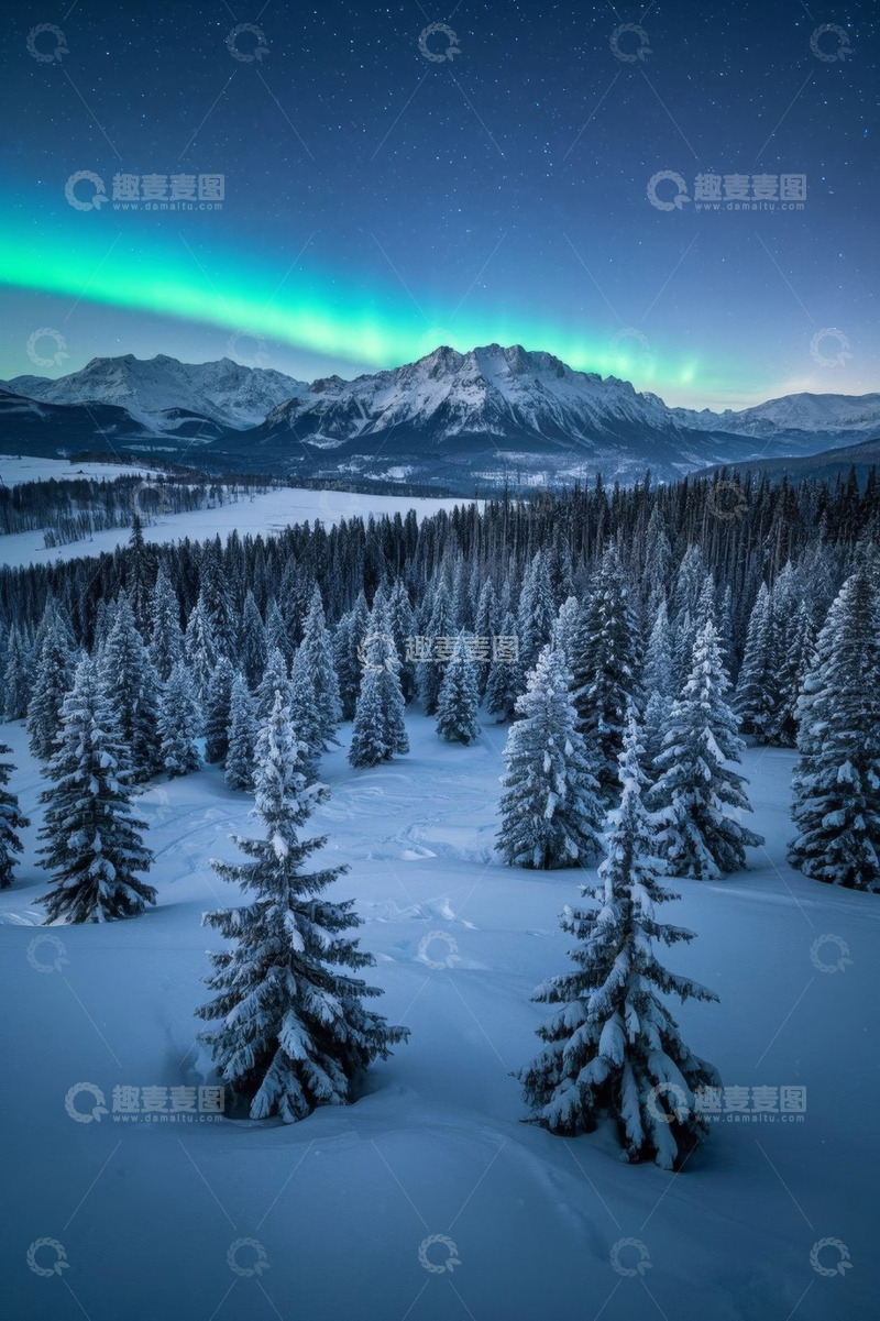 高清大图下载【趣麦麦图】雪山森林上空的极光夜景