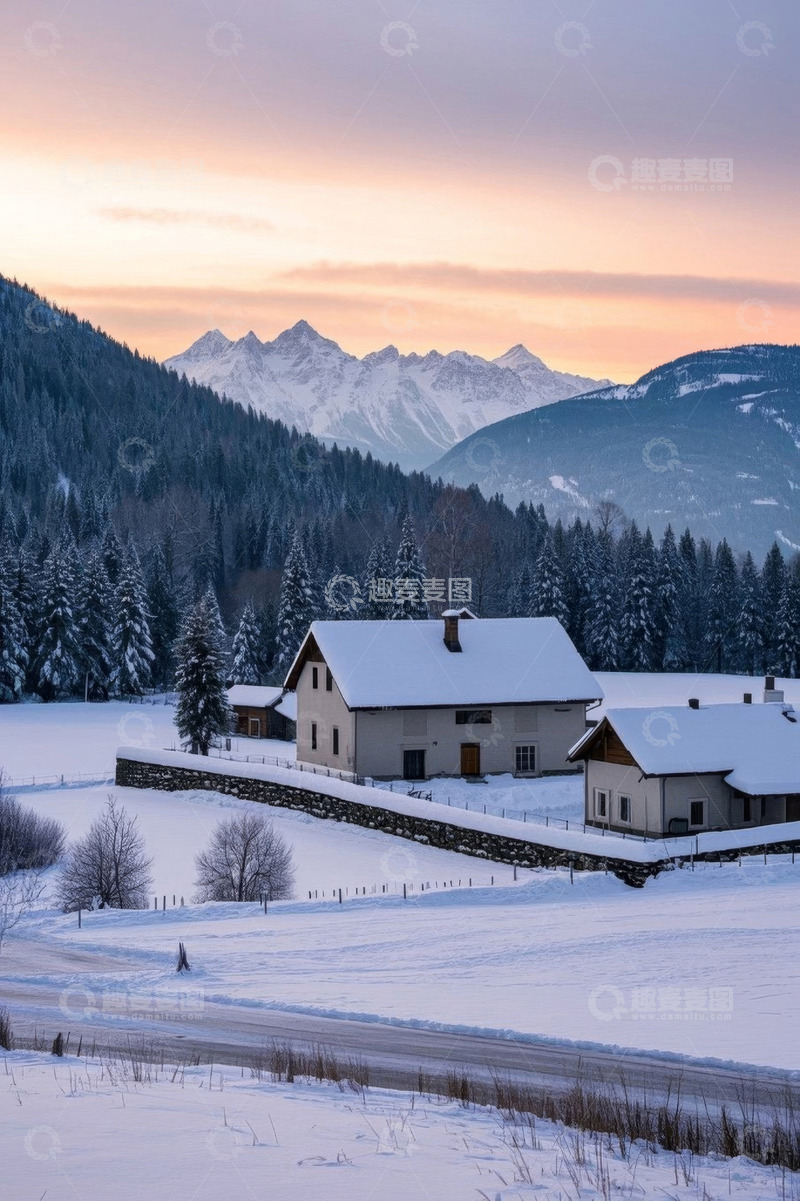 高清大图下载【趣麦麦图】雪山下雪地中的林间小屋