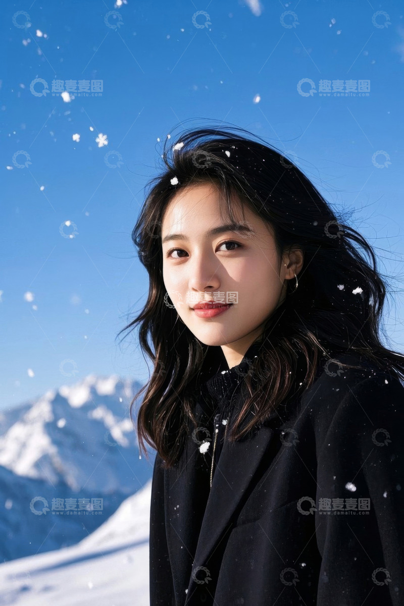 高清大图下载【趣麦麦图】雪中女子户外微笑肖像