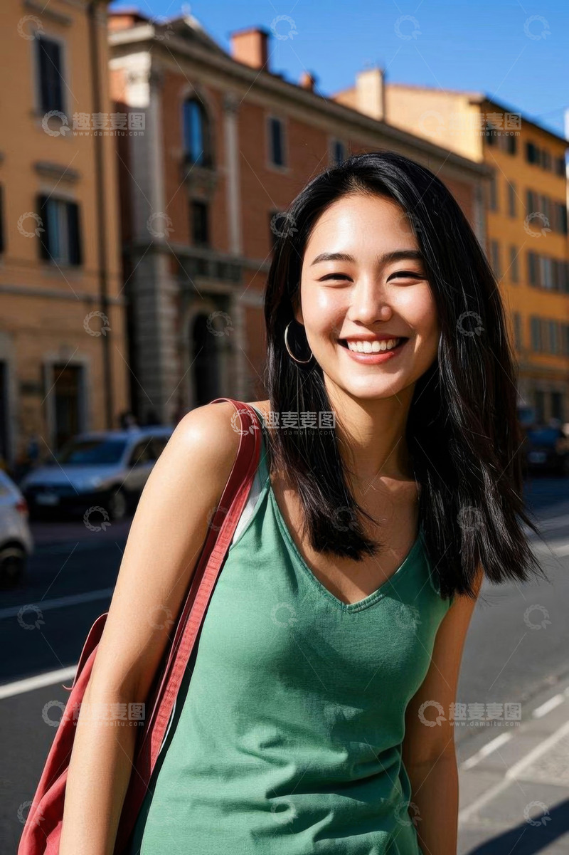 高清大图下载【趣麦麦图】街头微笑的年轻女性