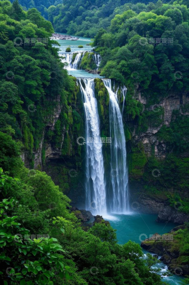 高清大图下载【趣麦麦图】山林间壮观的瀑布景观