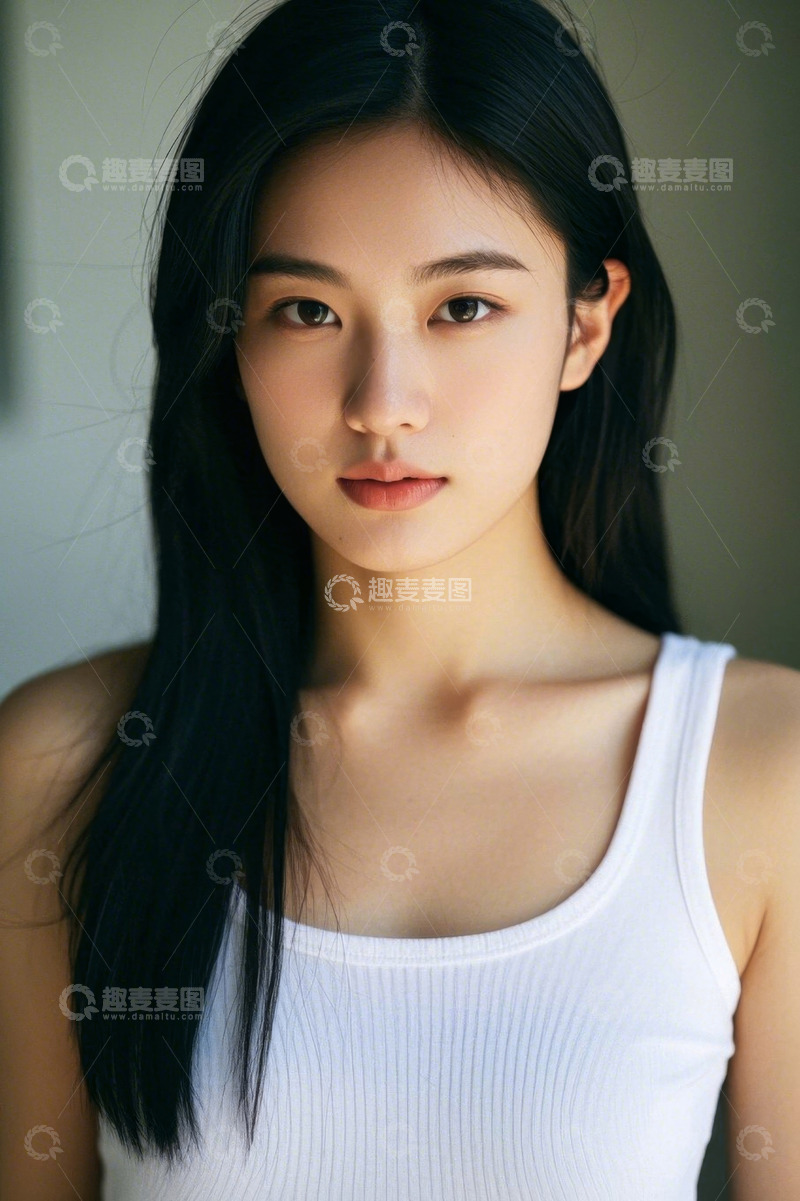 高清大图下载【趣麦麦图】亚洲女性白色背心半身肖像