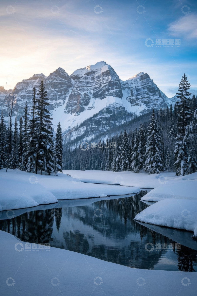 高清大图下载【趣麦麦图】雪山下的森林雪景