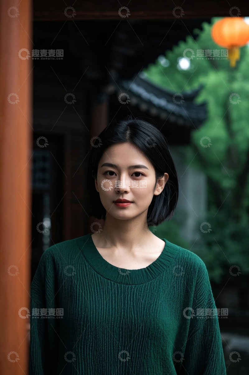 高清大图下载【趣麦麦图】中式庭院中的女性肖像