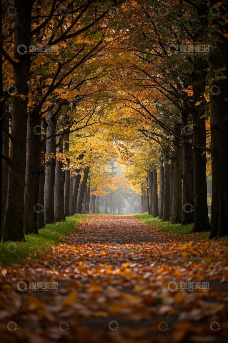 高清大图下载【趣麦麦图】秋日森林中的落叶小径