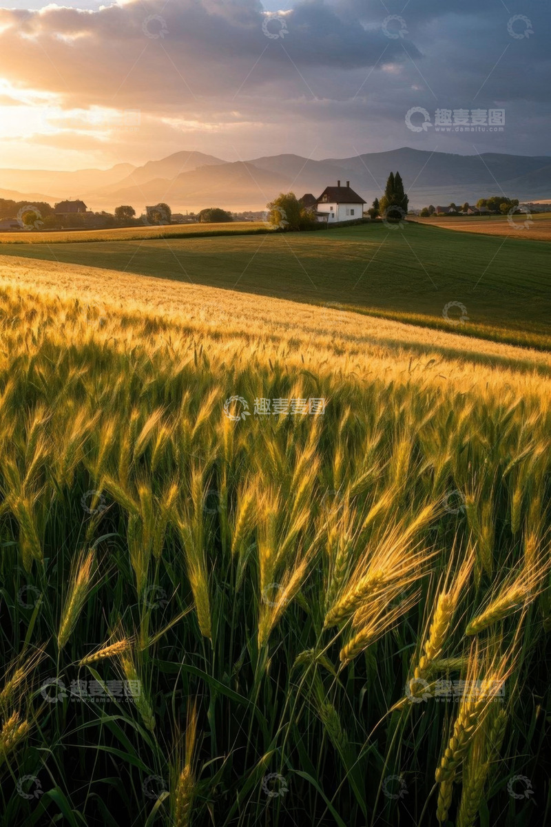 高清大图下载【趣麦麦图】夕阳下的麦田与远处小屋