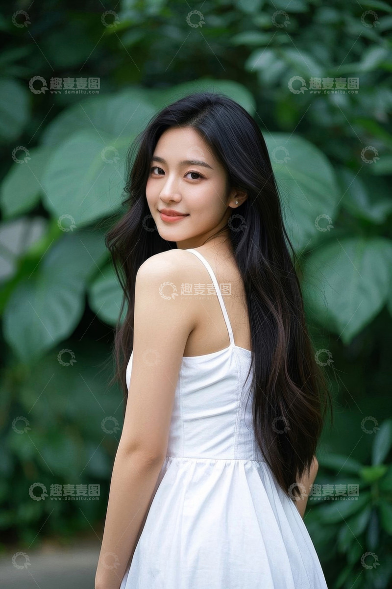 高清大图下载【趣麦麦图】户外穿白裙微笑的长发女子