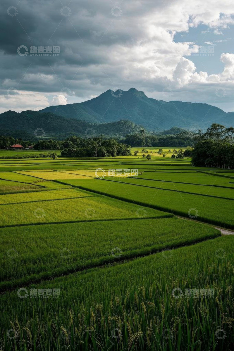 高清大图下载【趣麦麦图】田野风光远山环绕的稻田