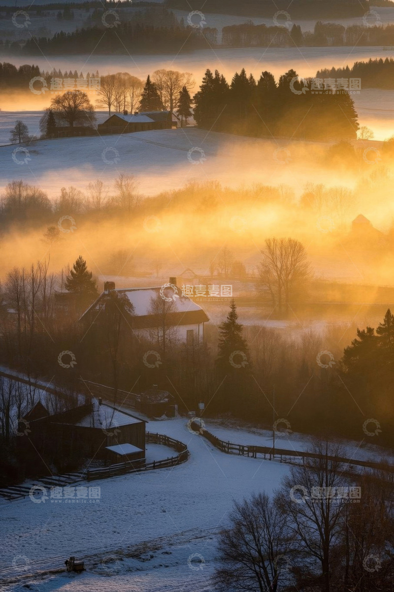 高清大图下载【趣麦麦图】冬日乡村晨雾中的森林景象