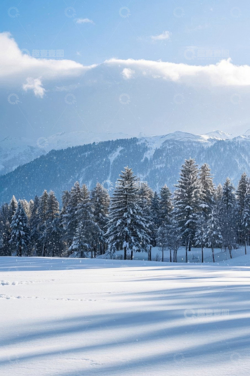 高清大图下载【趣麦麦图】雪覆山林与远处雪山景观