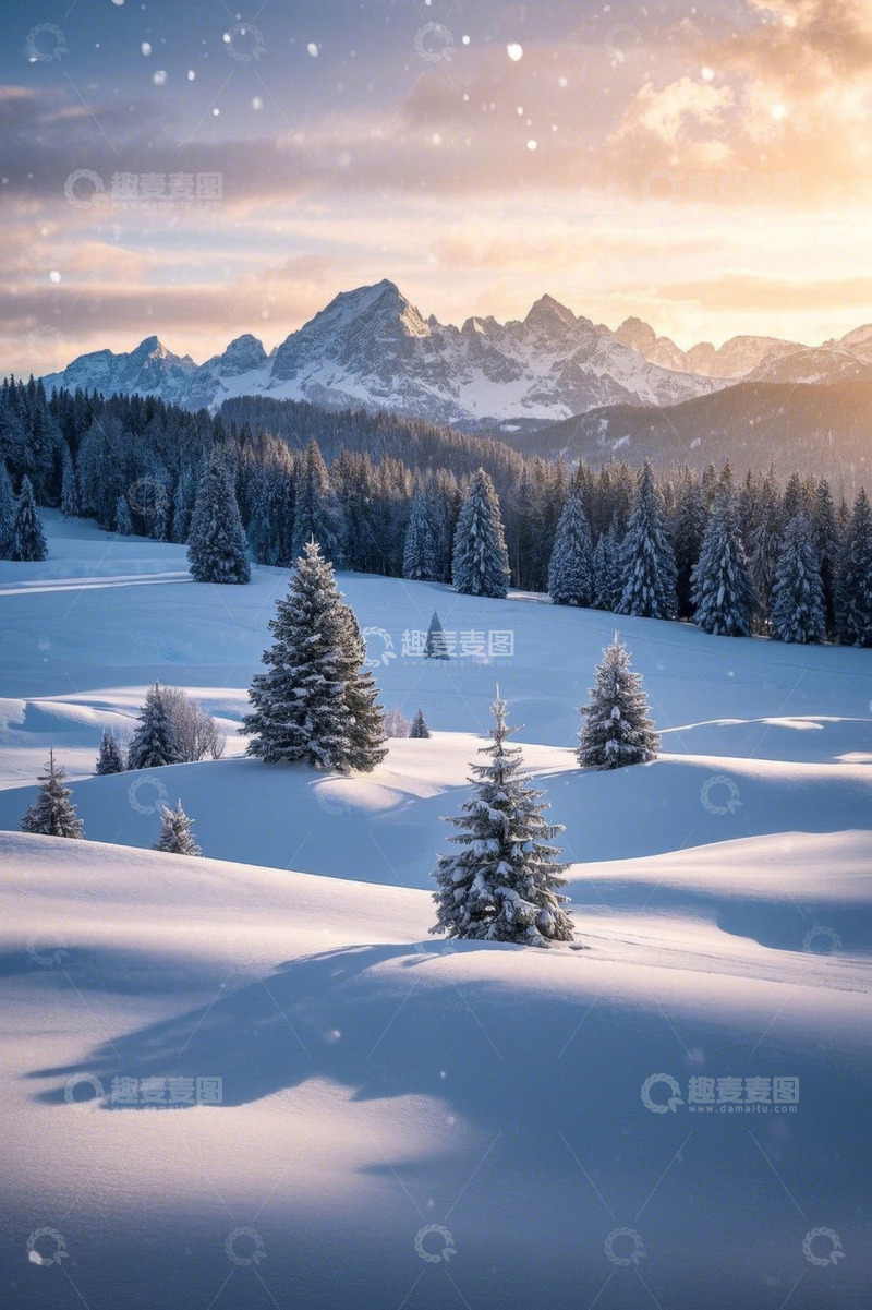 高清大图下载【趣麦麦图】雪山下的冬日森林雪景