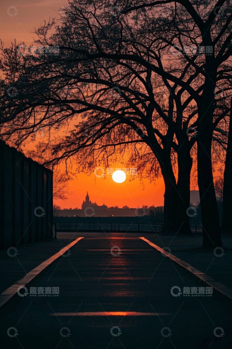 高清大图下载【趣麦麦图】日落时分道路旁树木与建筑景观