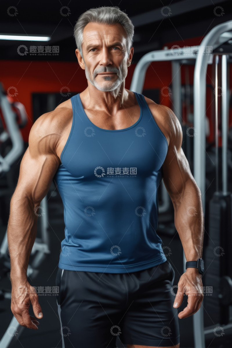 高清大图下载【趣麦麦图】健身房中老年男子展示肌肉