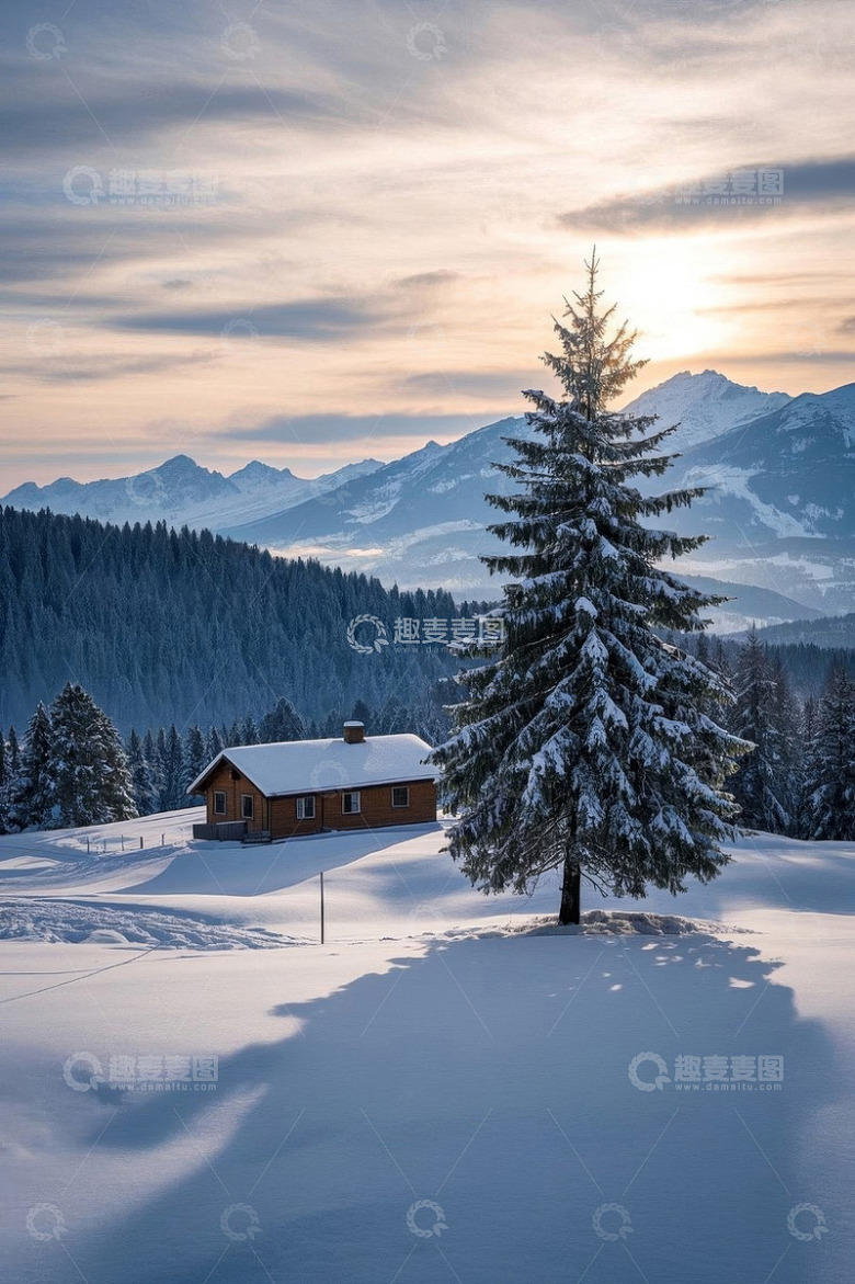 雪中山间小屋与挺拔松树风景