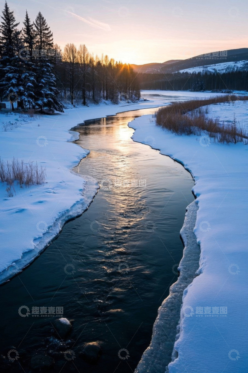高清大图下载【趣麦麦图】冬日河流雪景与日落景象
