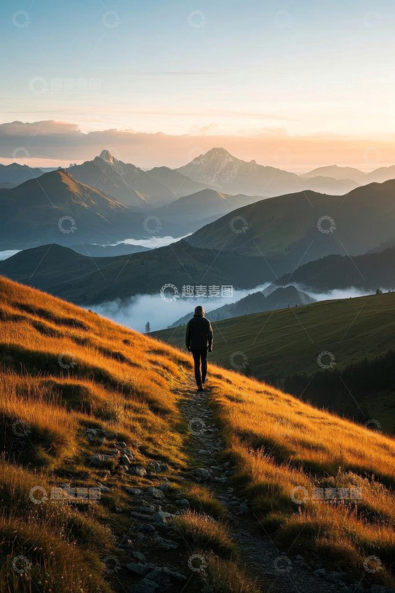 高清大图下载【趣麦麦图】一人于山间徒步赏景