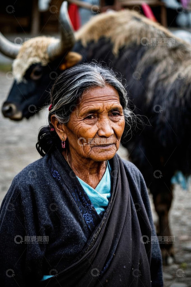 高清大图下载【趣麦麦图】藏族老妇人与牦牛的生活场景
