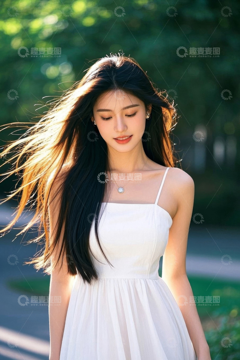 高清大图下载【趣麦麦图】户外身着白裙的长发女性