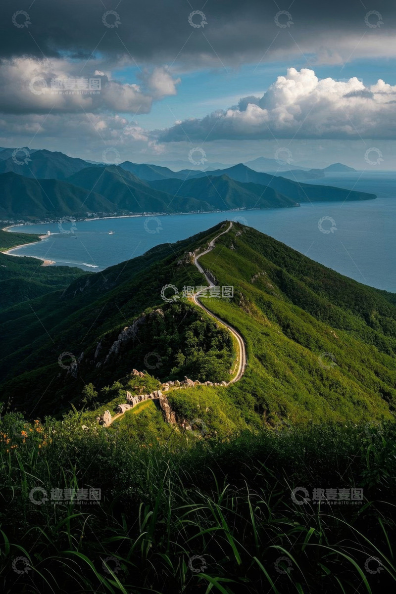 高清大图下载【趣麦麦图】山间公路与海天一色风景