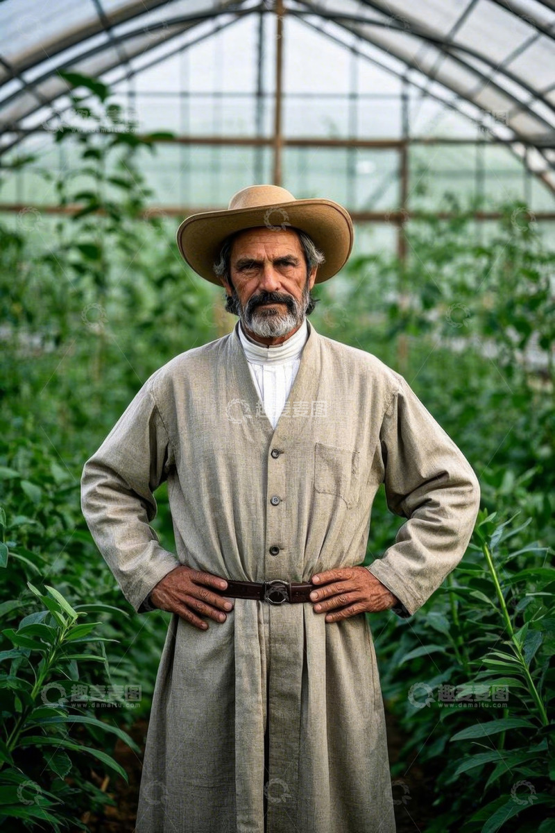 高清大图下载【趣麦麦图】温室中站立的中老年男性农民