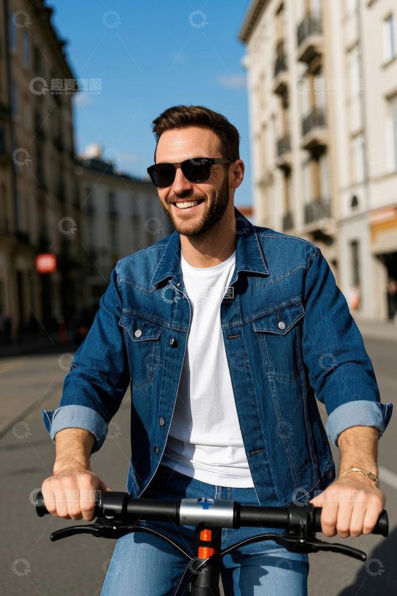 高清大图下载【趣麦麦图】男子户外街道骑行微笑