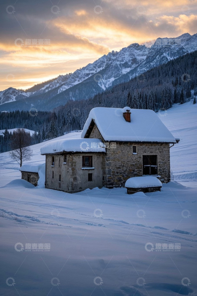 高清大图下载【趣麦麦图】雪山下被雪覆盖的古朴小屋