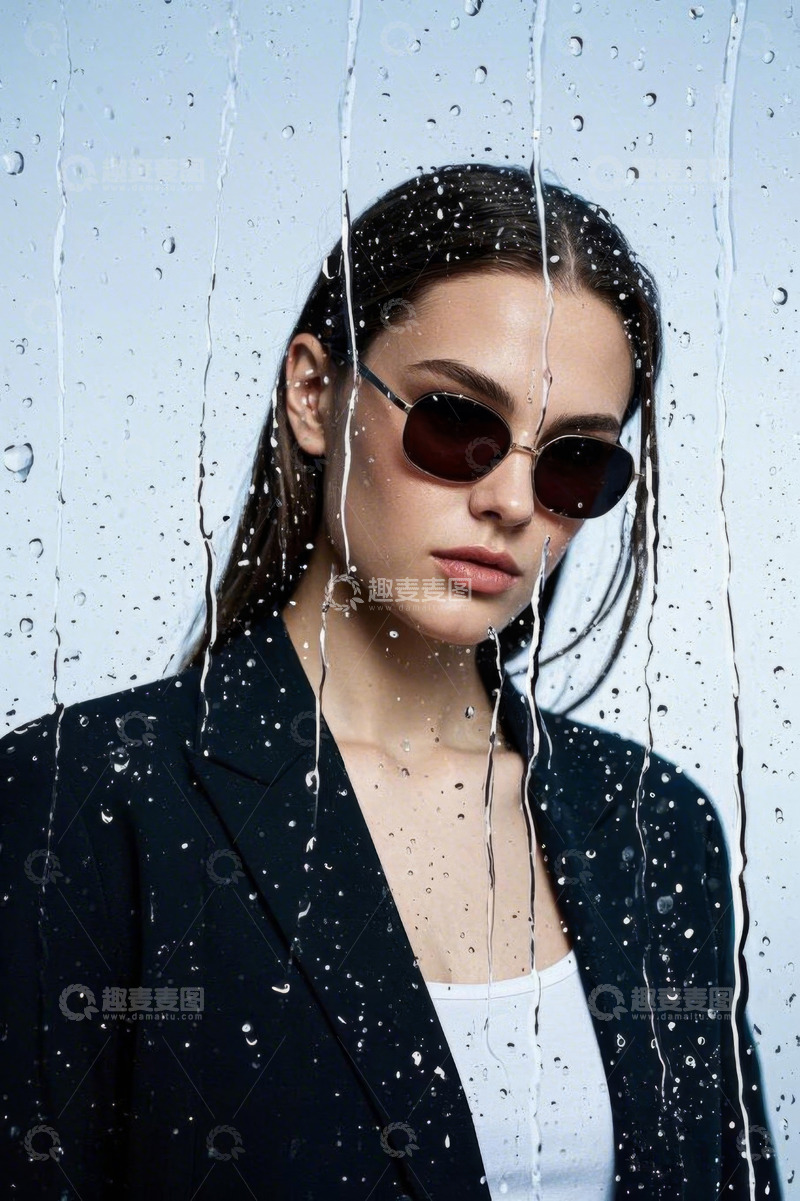 高清大图下载【趣麦麦图】戴墨镜女性于水珠背景前