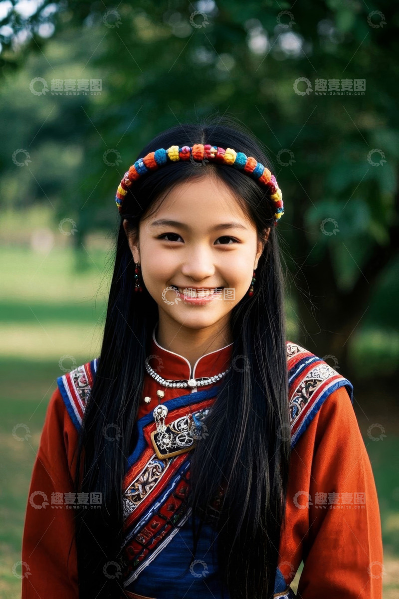 高清大图下载【趣麦麦图】身着民族服饰的少女户外微笑