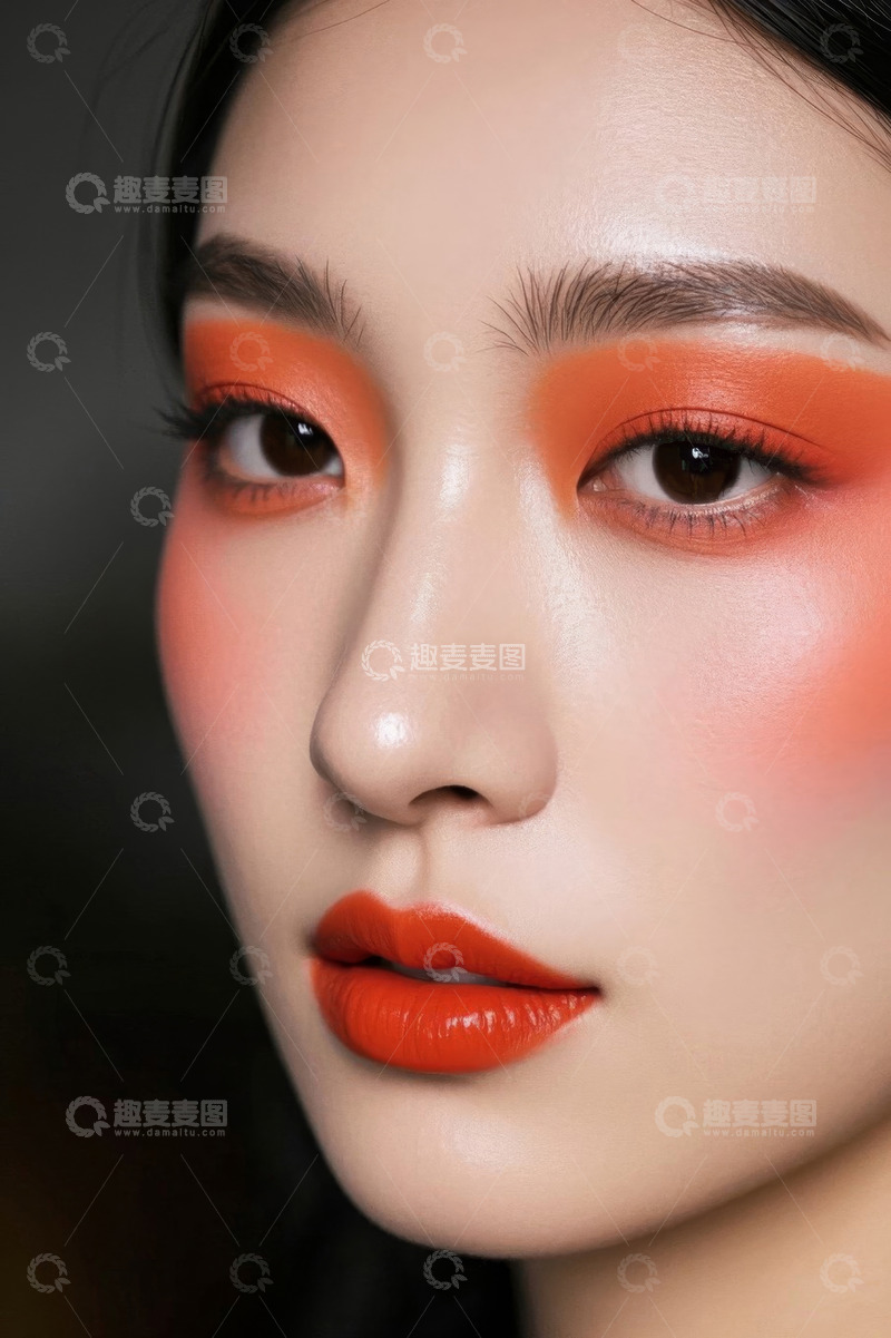 高清大图下载【趣麦麦图】女性鲜艳橙色系妆容特写