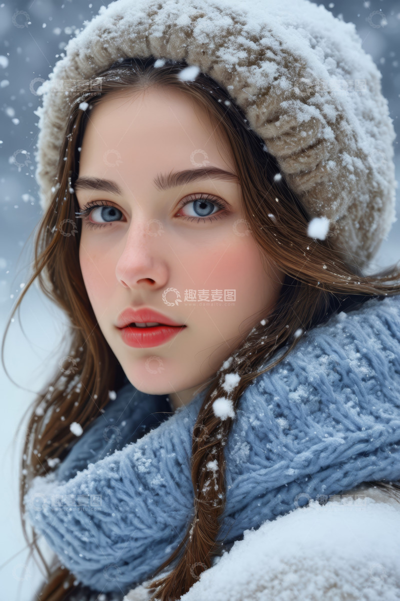 高清大图下载【趣麦麦图】雪中年轻女孩戴帽围着围巾