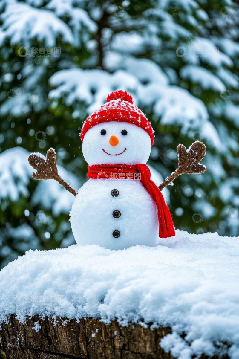 高清大图下载【趣麦麦图】戴红帽围巾的可爱雪人