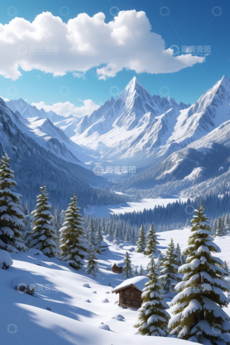 高清大图下载【趣麦麦图】雪山下的森林与木屋雪景