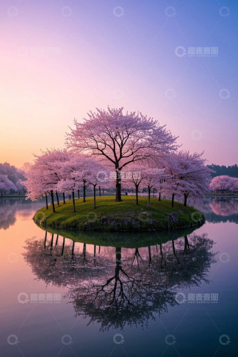 高清大图下载【趣麦麦图】湖中小岛盛开的樱花树