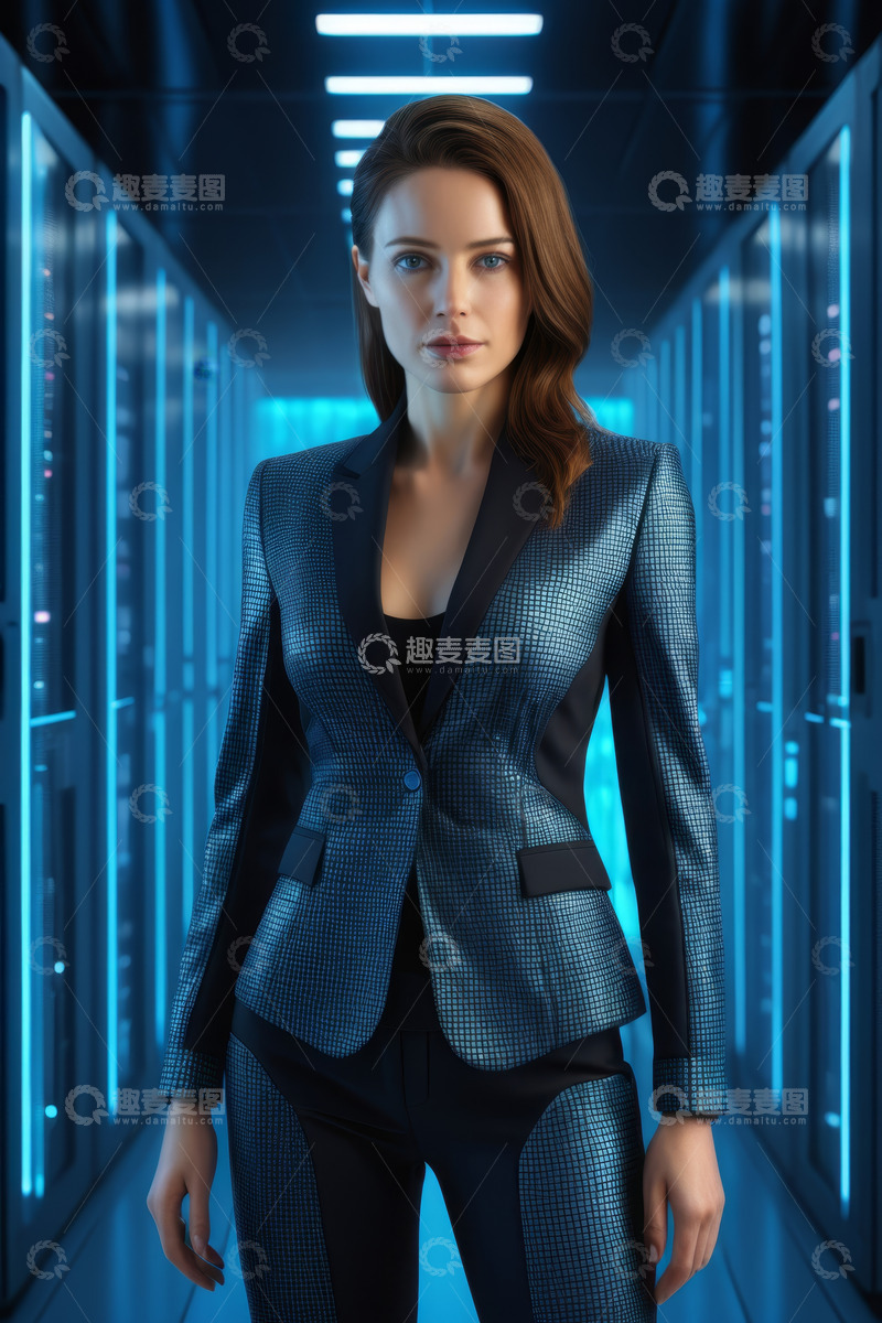 高清大图下载【趣麦麦图】身着西装的女性站在服务器机房