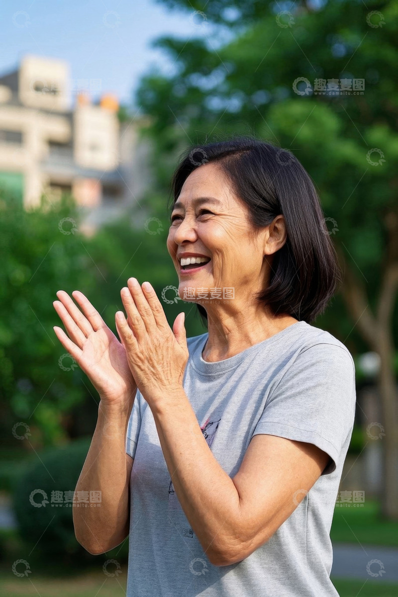 高清大图下载【趣麦麦图】户外中老年女性鼓掌画面