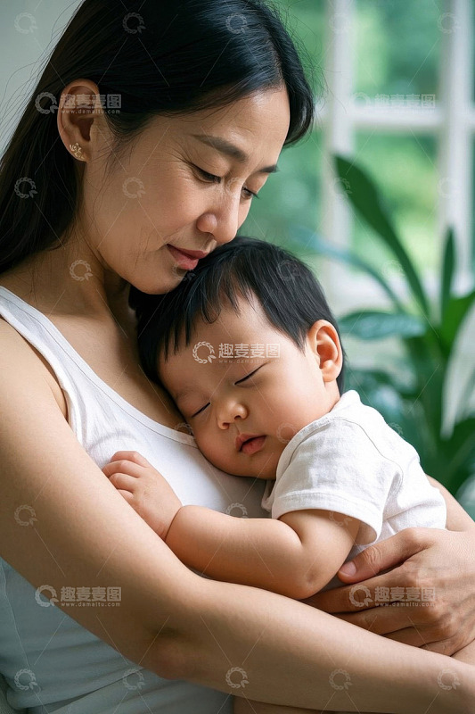母亲怀抱熟睡婴儿温馨画面