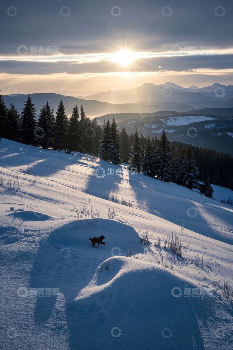 高清大图下载【趣麦麦图】雪山林间雪地阳光风景