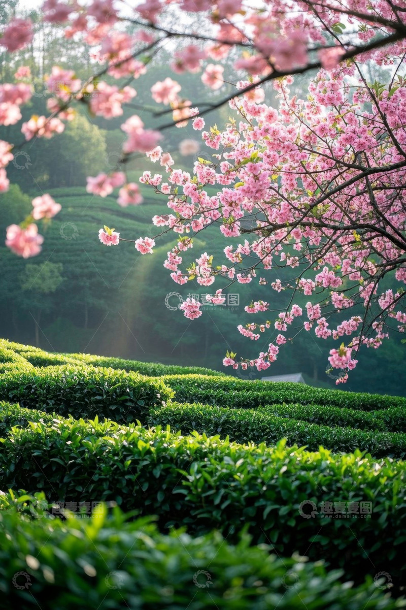 高清大图下载【趣麦麦图】春日樱花下的茶园风景