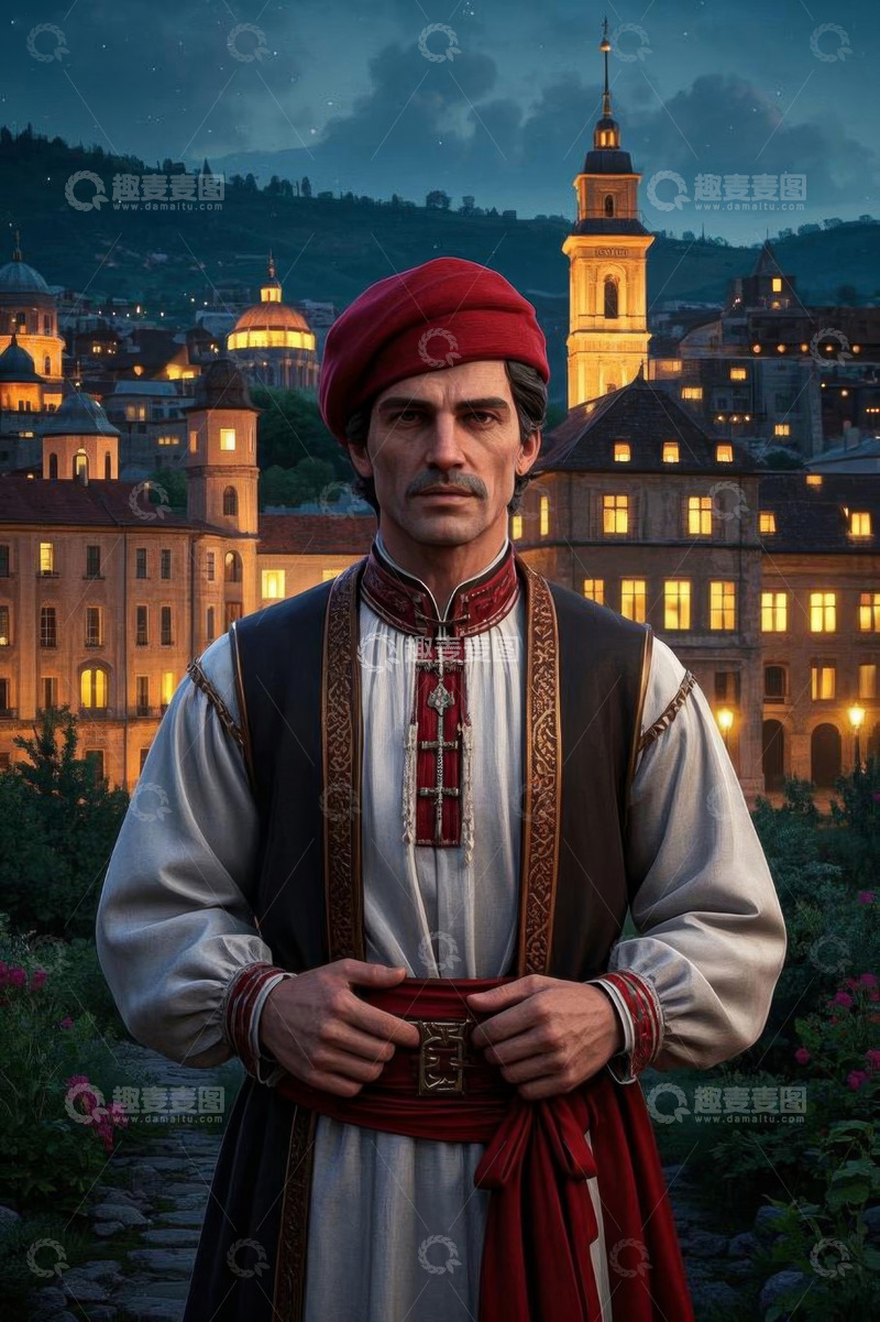 高清大图下载【趣麦麦图】身着传统服饰男子与城市夜景