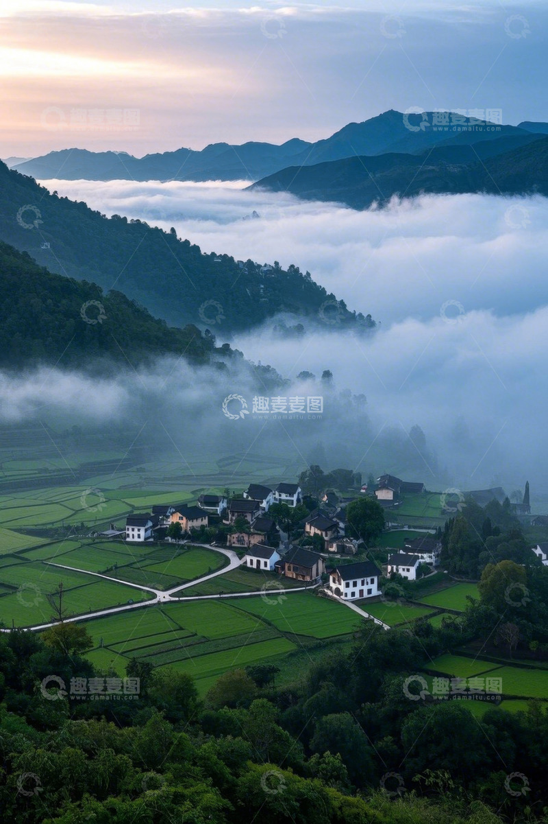 高清大图下载【趣麦麦图】山间村落云海环绕风景