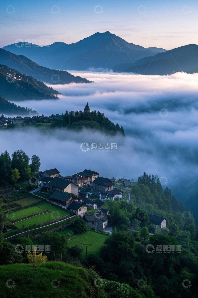 高清大图下载【趣麦麦图】山间云雾缭绕的村庄景观