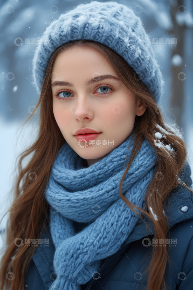 高清大图下载【趣麦麦图】雪中戴帽围围巾的年轻女孩