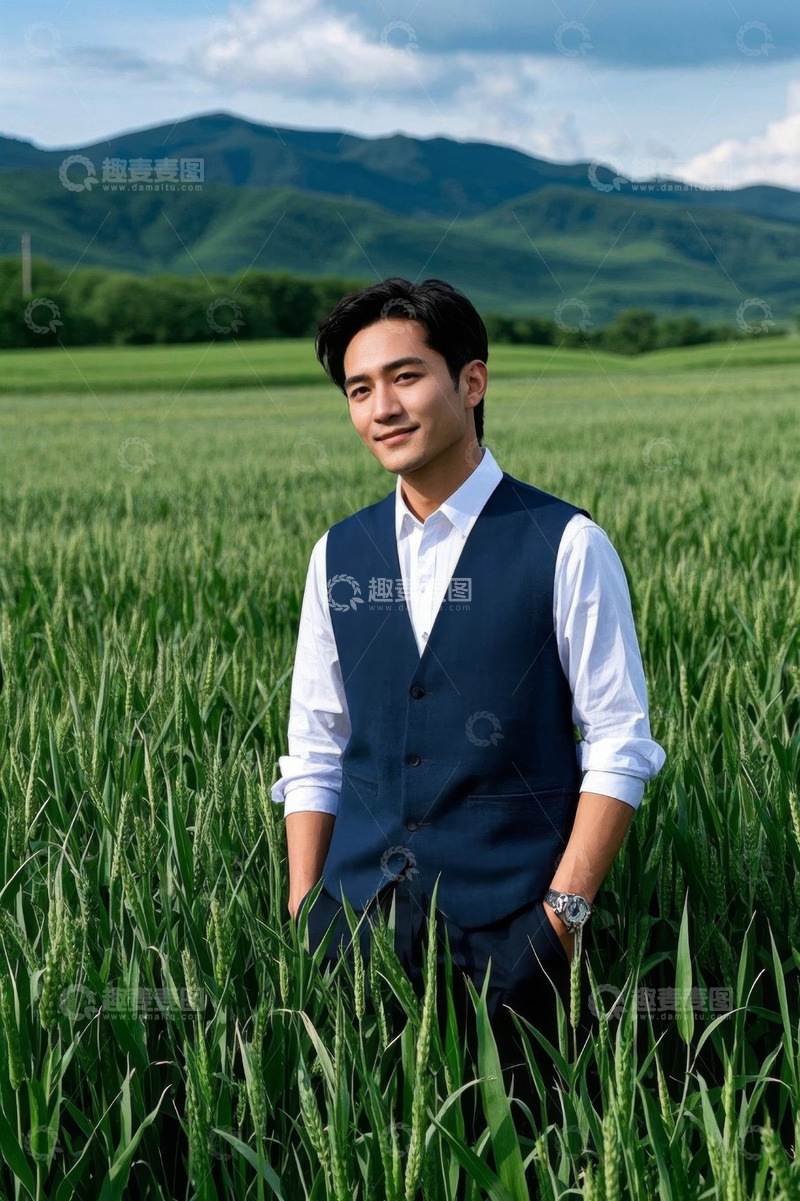 高清大图下载【趣麦麦图】男子田野中微笑站立