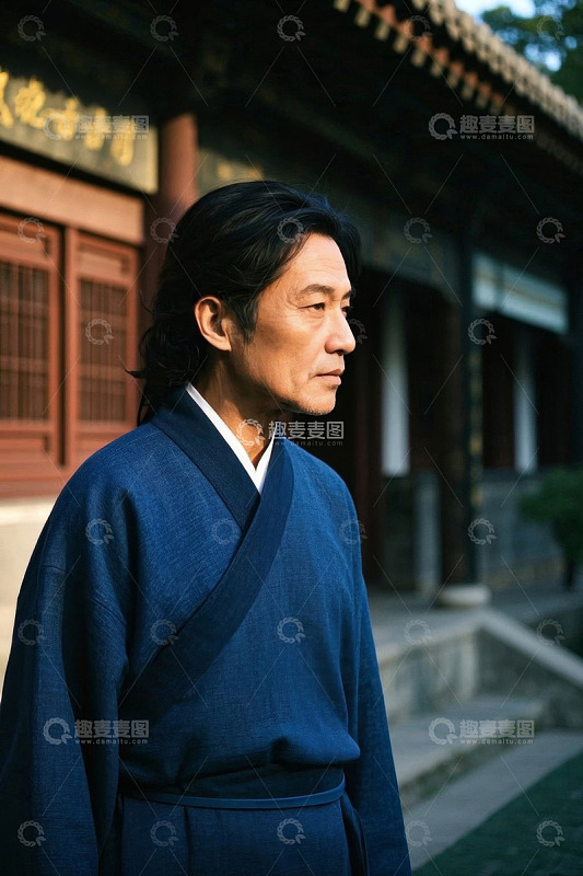 身着汉服男子于古建筑前侧立