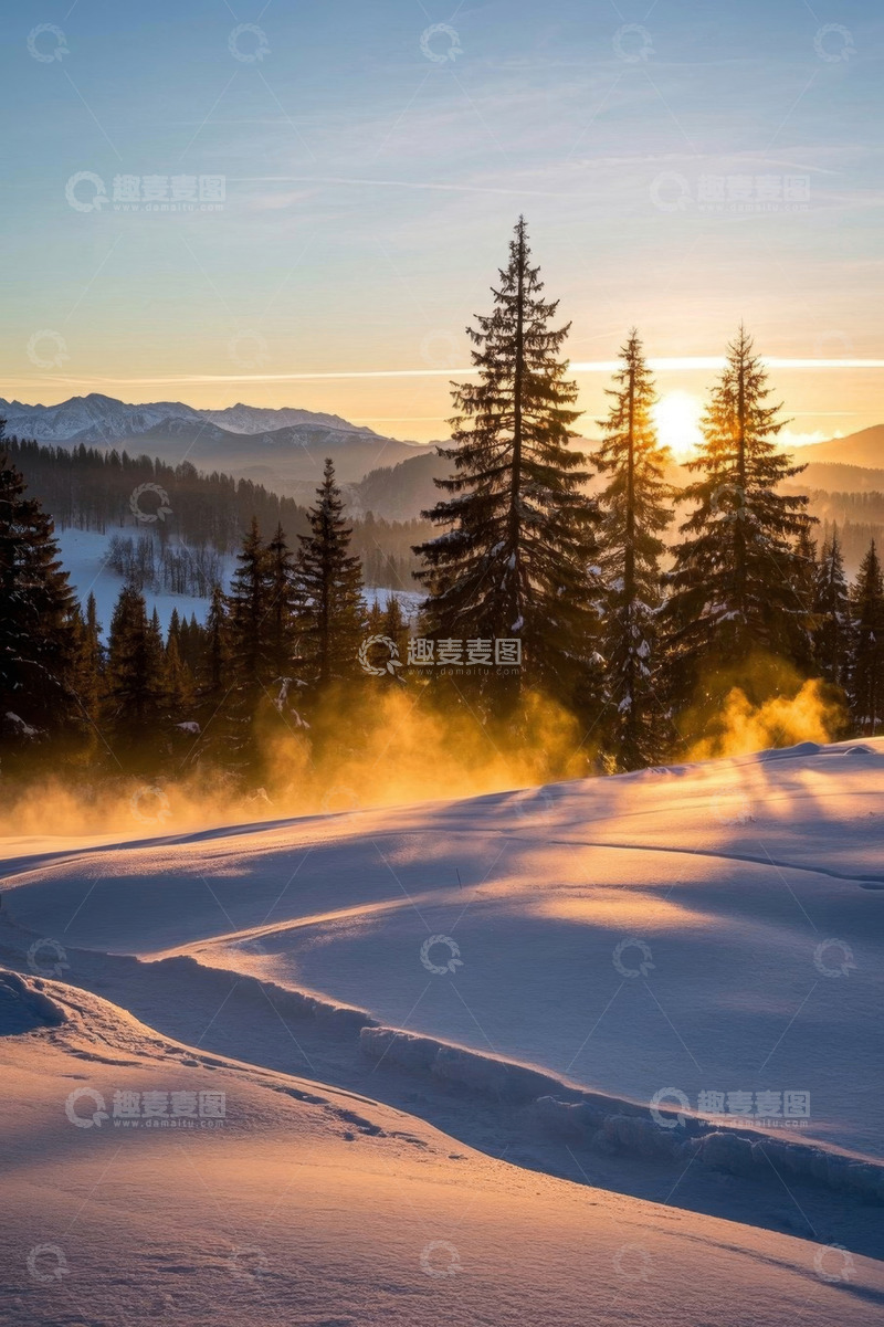 高清大图下载【趣麦麦图】雪山森林日出自然景观
