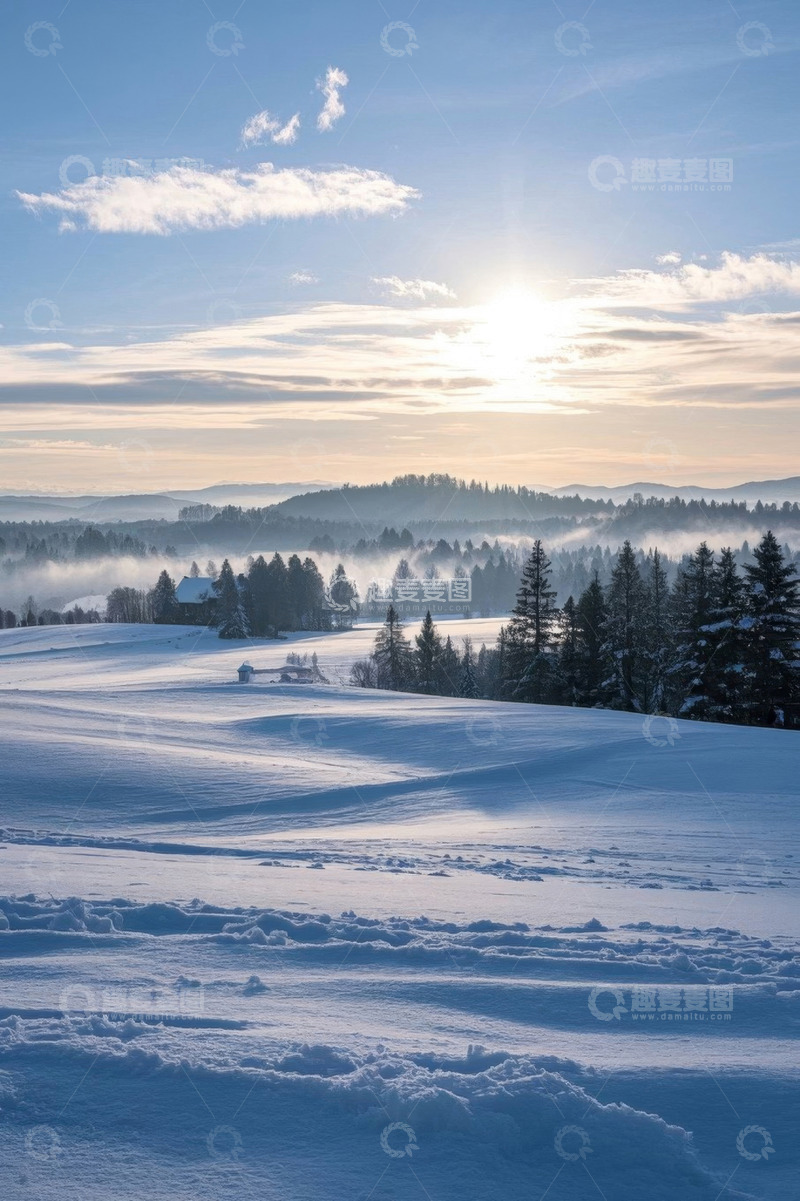 高清大图下载【趣麦麦图】冬日雪野山林日出景色