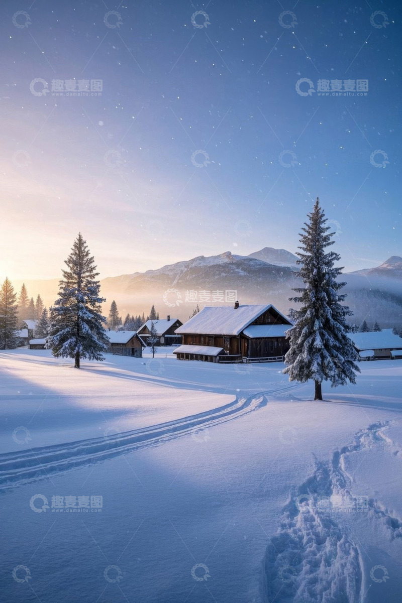 高清大图下载【趣麦麦图】雪后山村清晨雪景风光