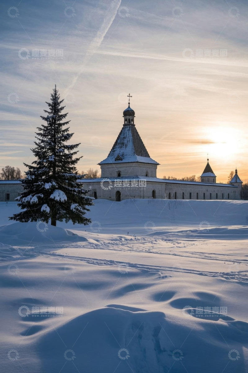 高清大图下载【趣麦麦图】冬日雪景中的教堂与松树