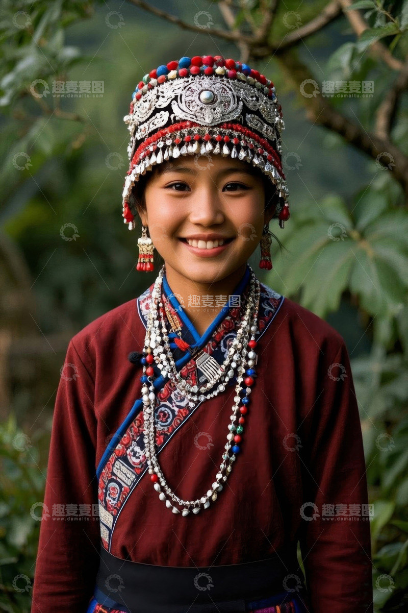 高清大图下载【趣麦麦图】身着民族服饰微笑的少数民族少女