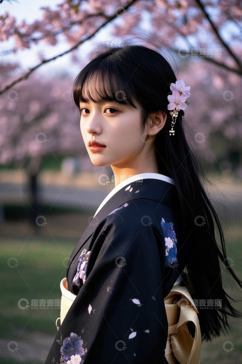 高清大图下载【趣麦麦图】穿和服女子赏樱侧身像